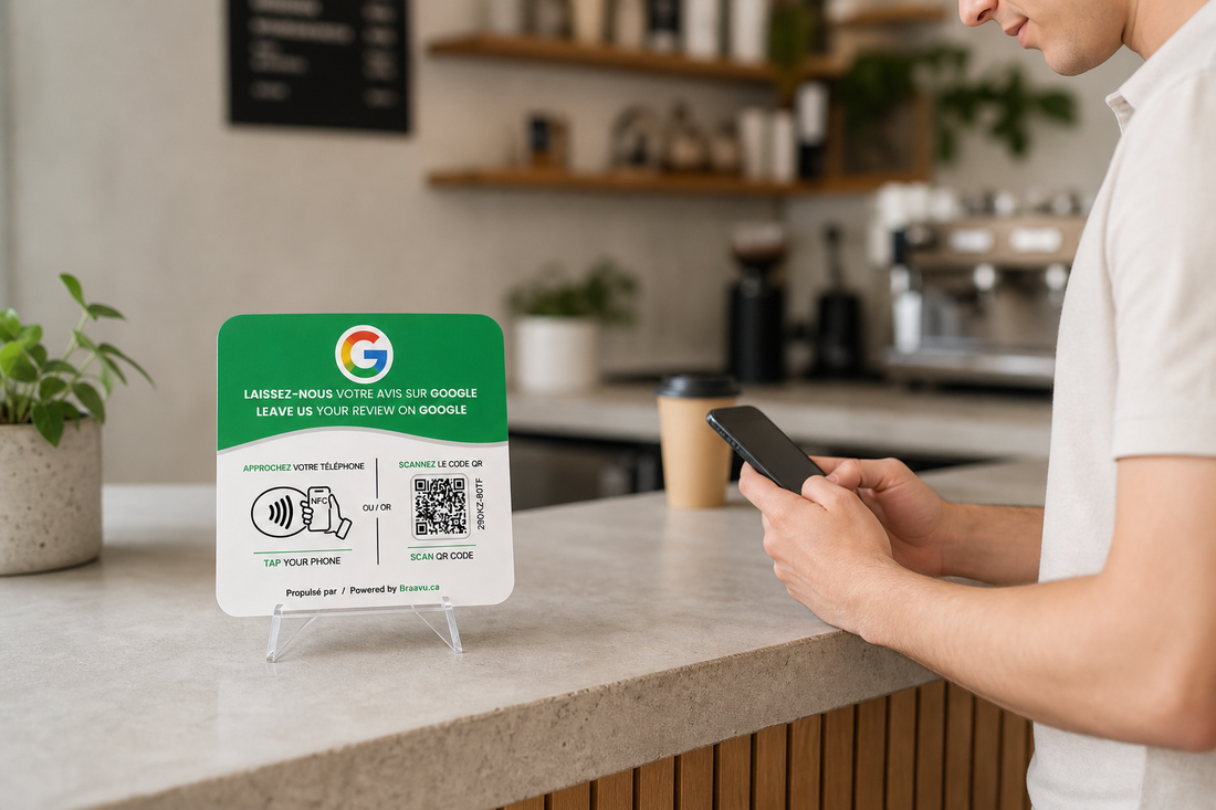 Une plaque d'avis Google Braavu sur le comptoir d'un commerce