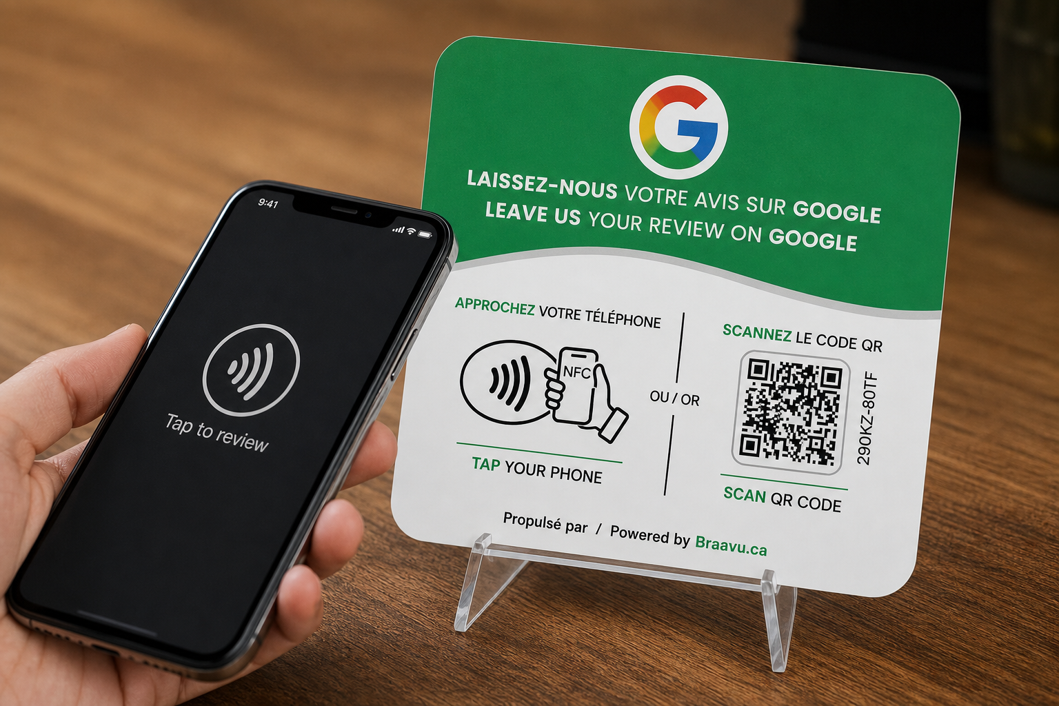 Gros plan d'une plaque Braavu : zone NFC et QR code