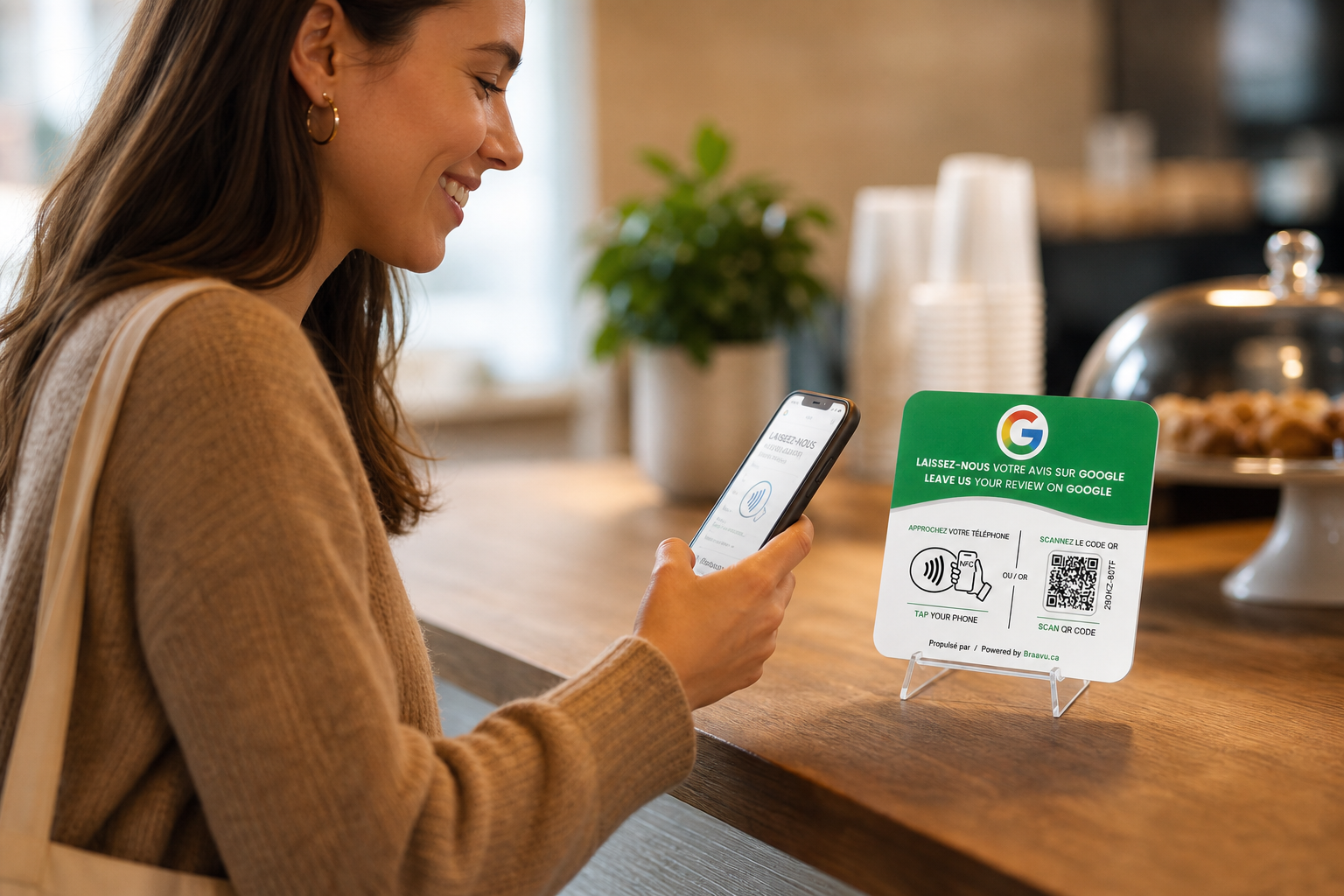 Client qui approche son téléphone d'une plaque d'avis Google Braavu au comptoir