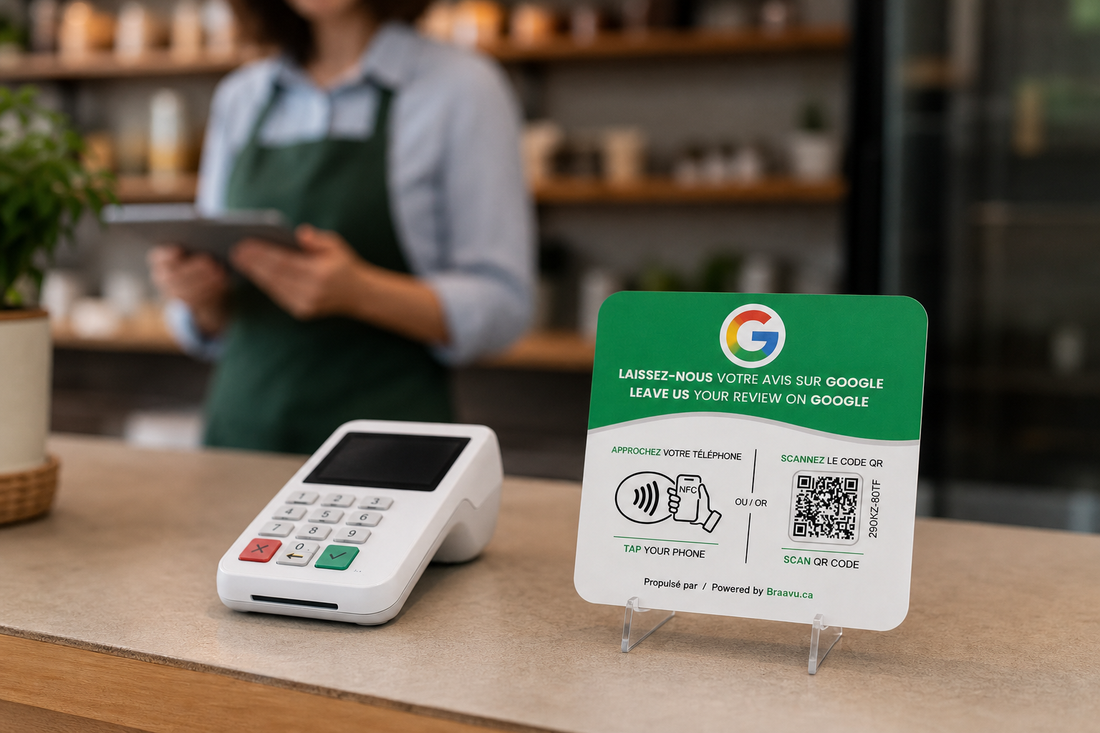 Une plaque d'avis Google Braavu sur le comptoir d'un commerce
