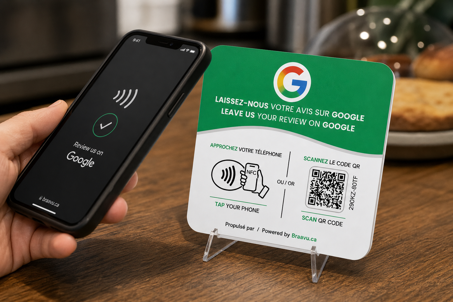 Gros plan d'une plaque d'avis Google Braavu, un téléphone approche la zone NFC