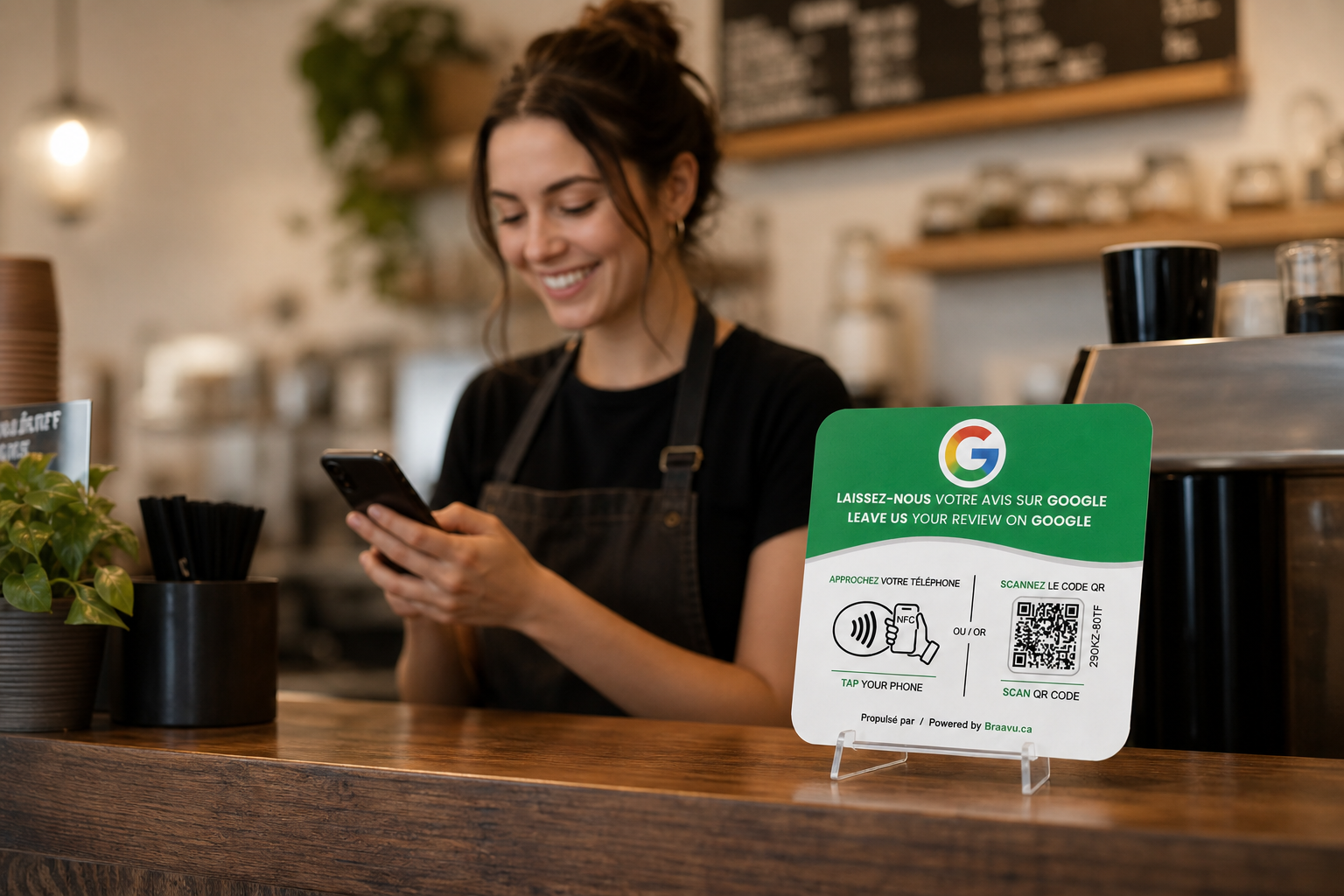 Une plaque d'avis Google Braavu sur le comptoir d'un commerce