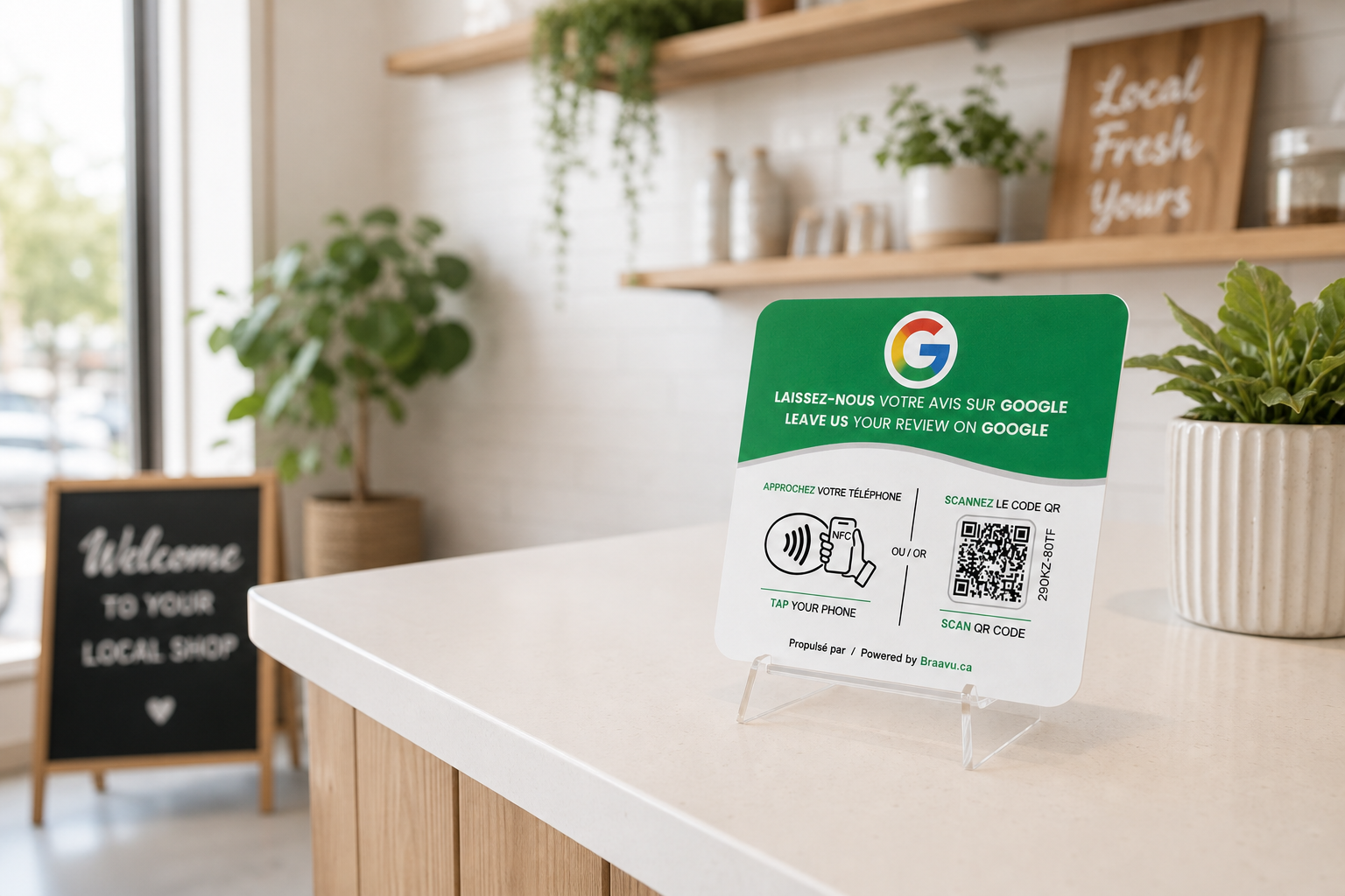Une plaque d'avis Google Braavu sur le comptoir d'un commerce