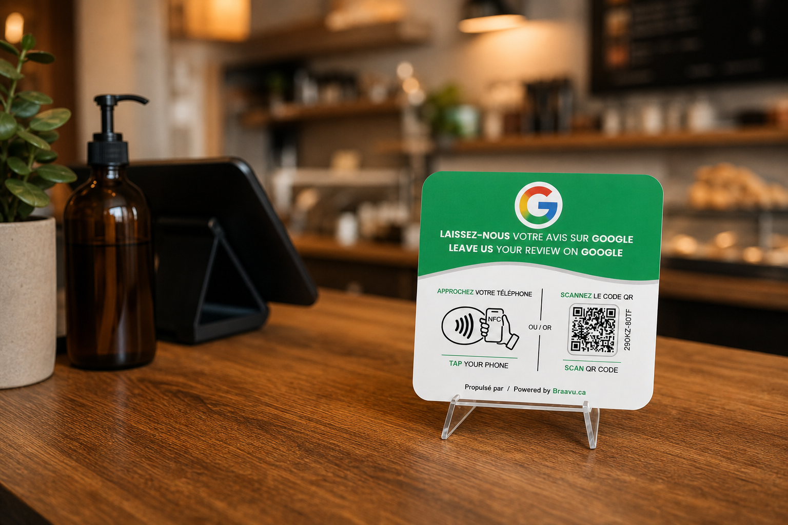 Une plaque d'avis Google Braavu sur le comptoir d'un commerce