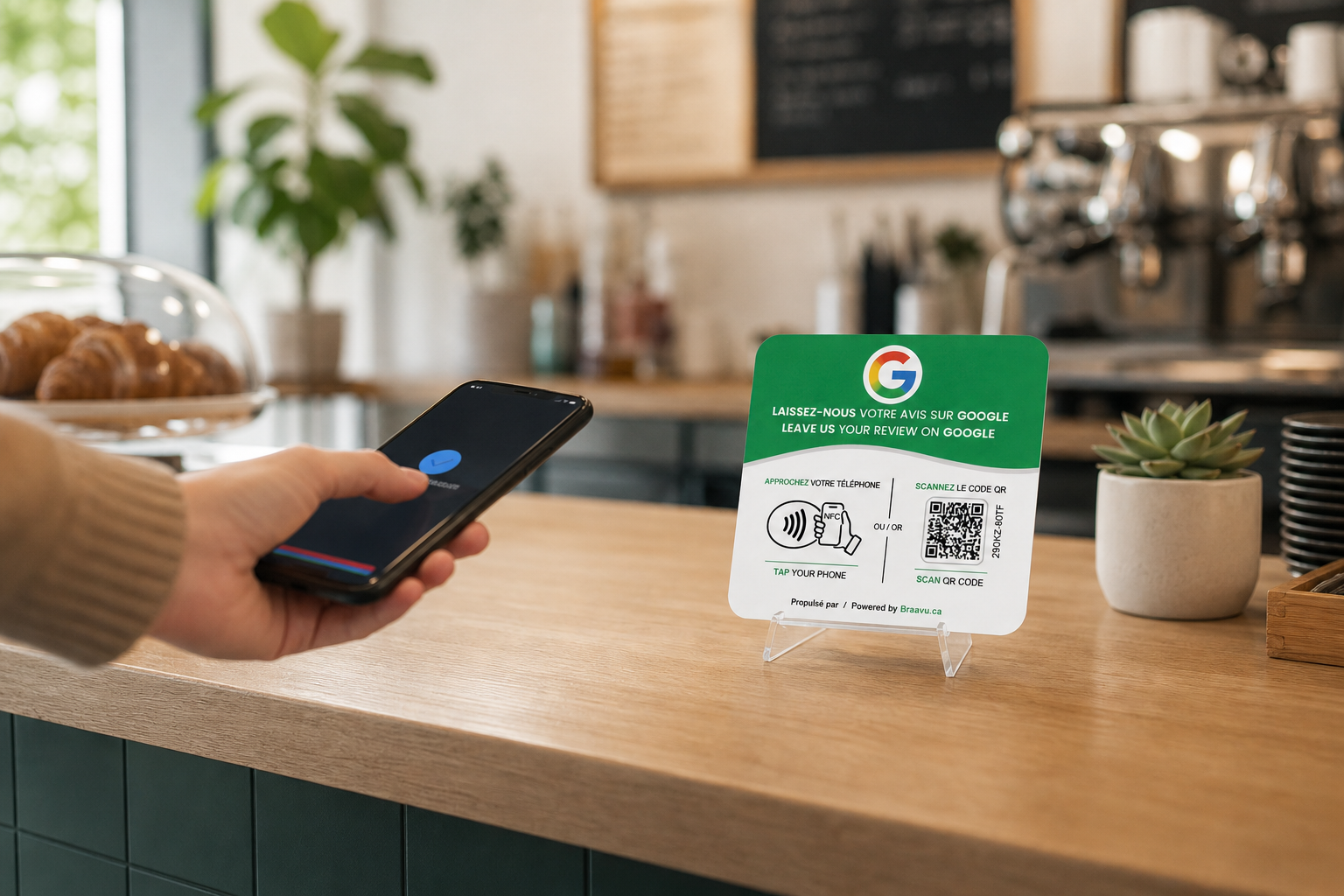 Une plaque d'avis Google Braavu sur le comptoir d'un commerce