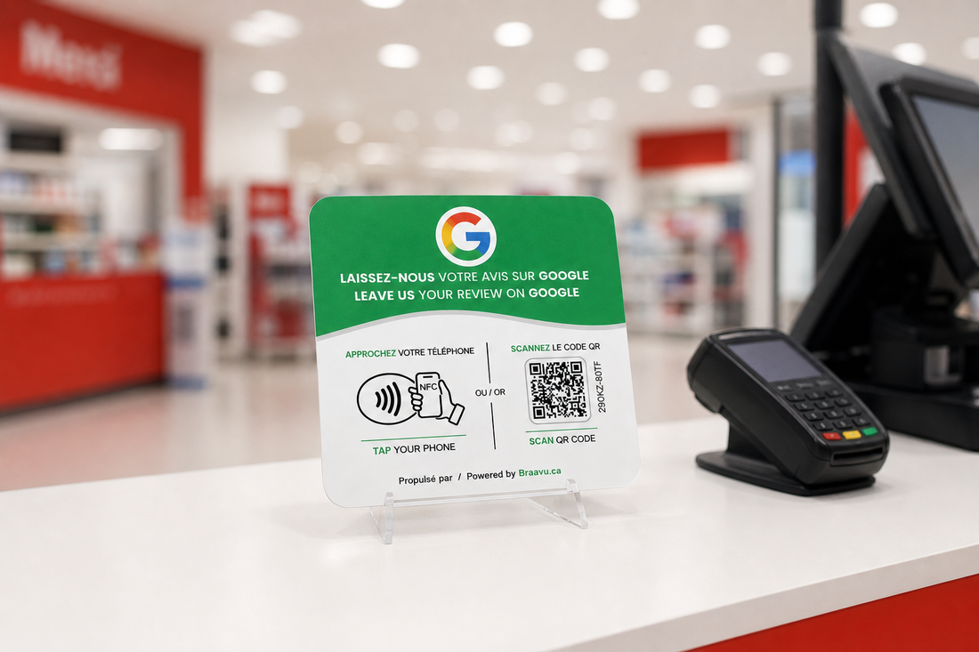 Une plaque d'avis Google Braavu sur le comptoir d'un commerce