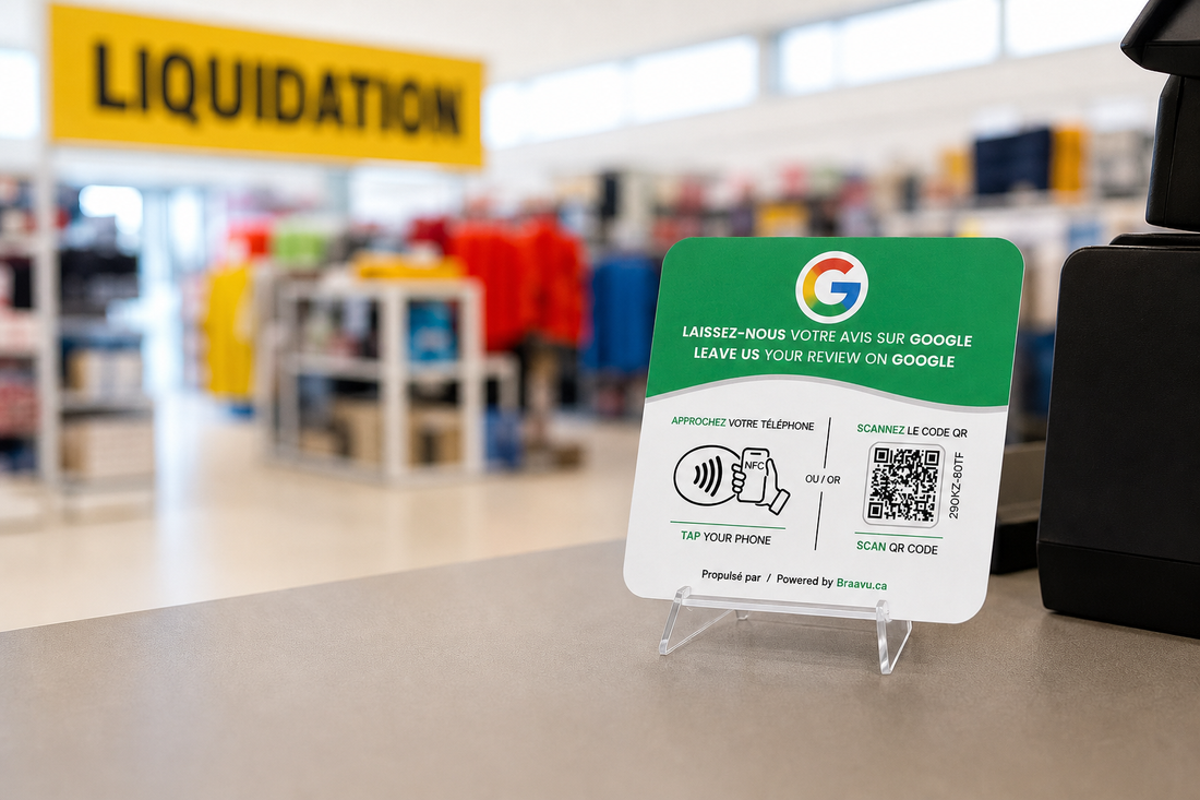 Une plaque d'avis Google Braavu sur le comptoir d'un commerce