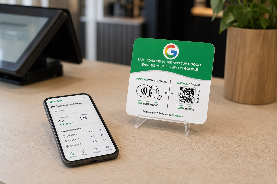 Une plaque d'avis Google Braavu sur le comptoir d'un commerce