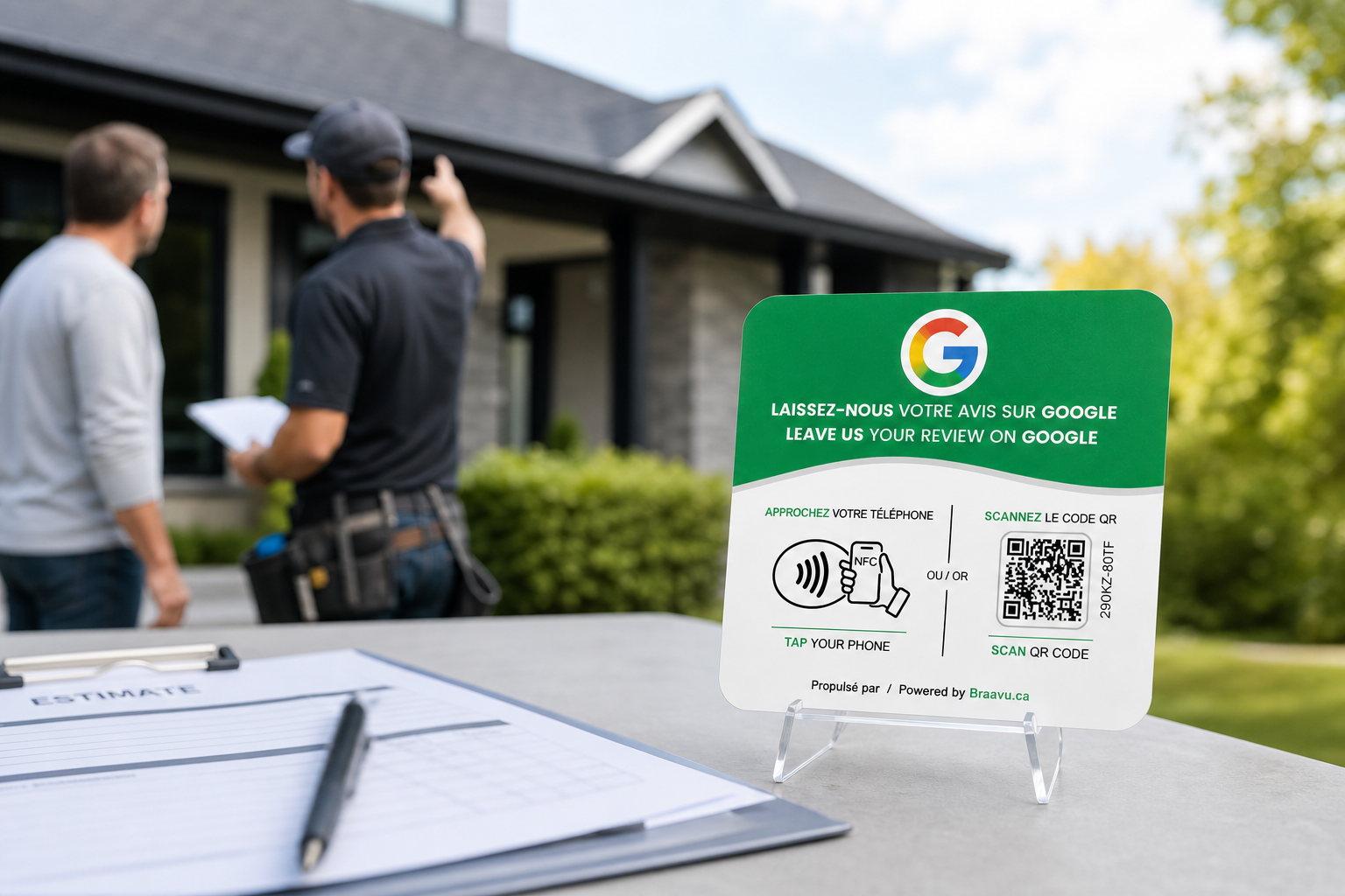 Une plaque d'avis Google Braavu sur le comptoir d'un commerce