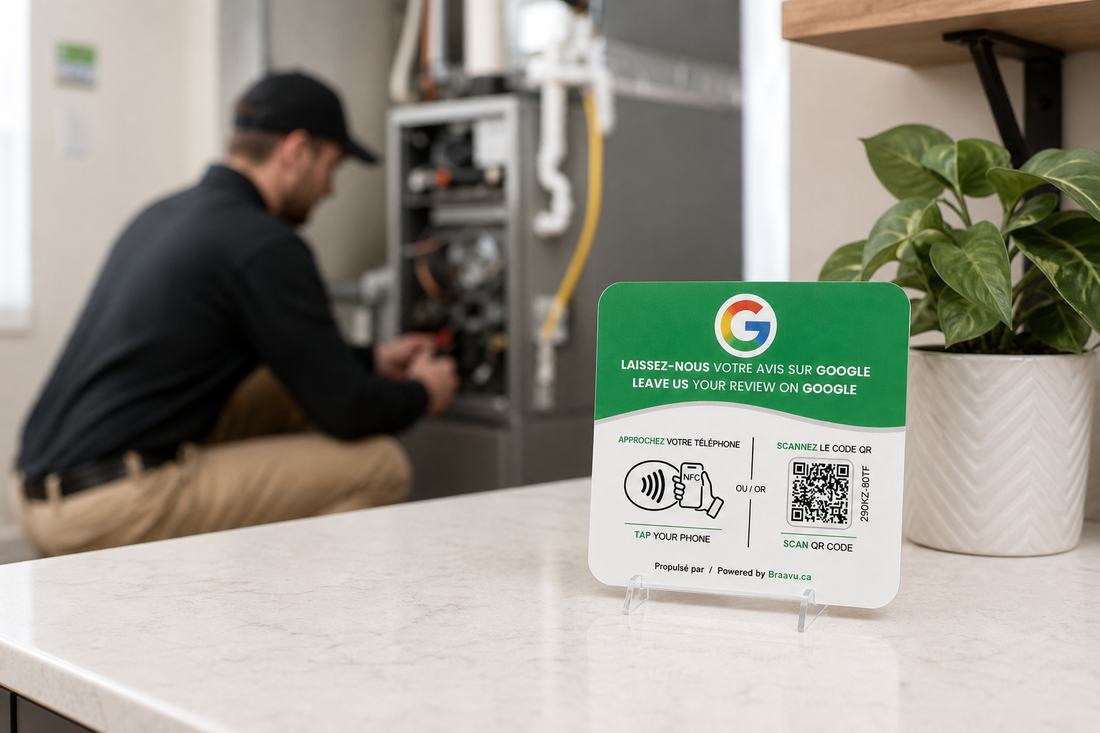 Une plaque d'avis Google Braavu sur le comptoir d'un commerce