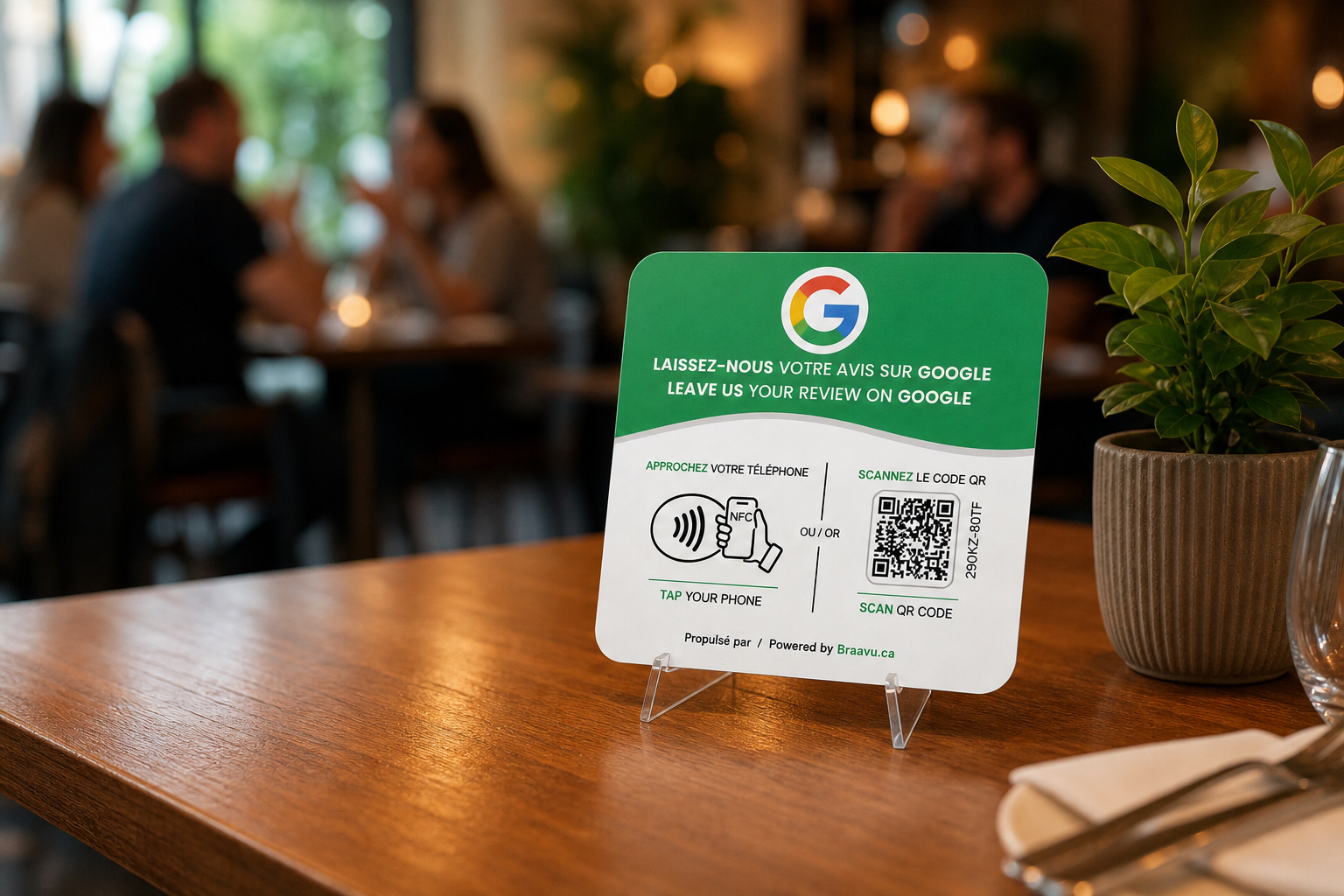 Une plaque d'avis Google Braavu sur le comptoir d'un commerce