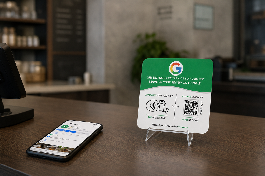 Une plaque d'avis Google Braavu sur le comptoir d'un commerce