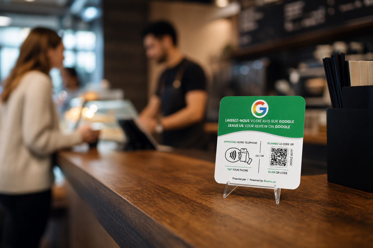 Une plaque d'avis Google Braavu sur le comptoir d'un commerce