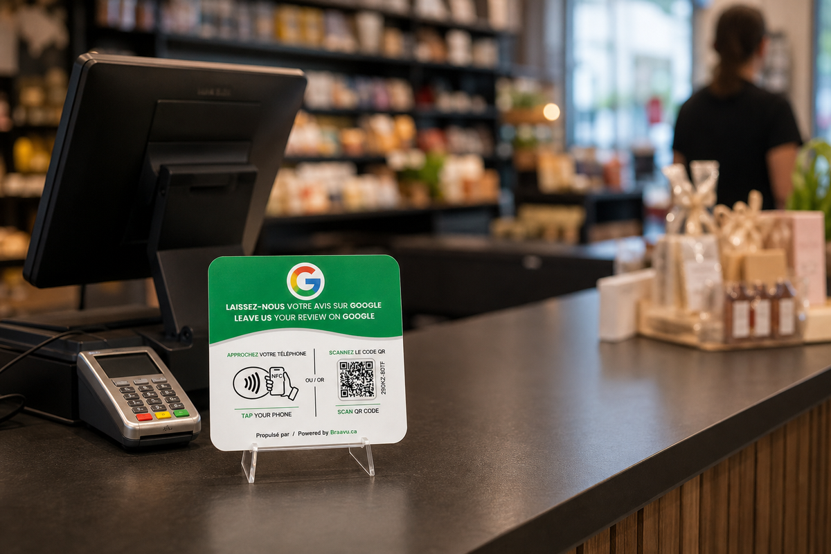 Une plaque d'avis Google Braavu sur le comptoir d'un commerce
