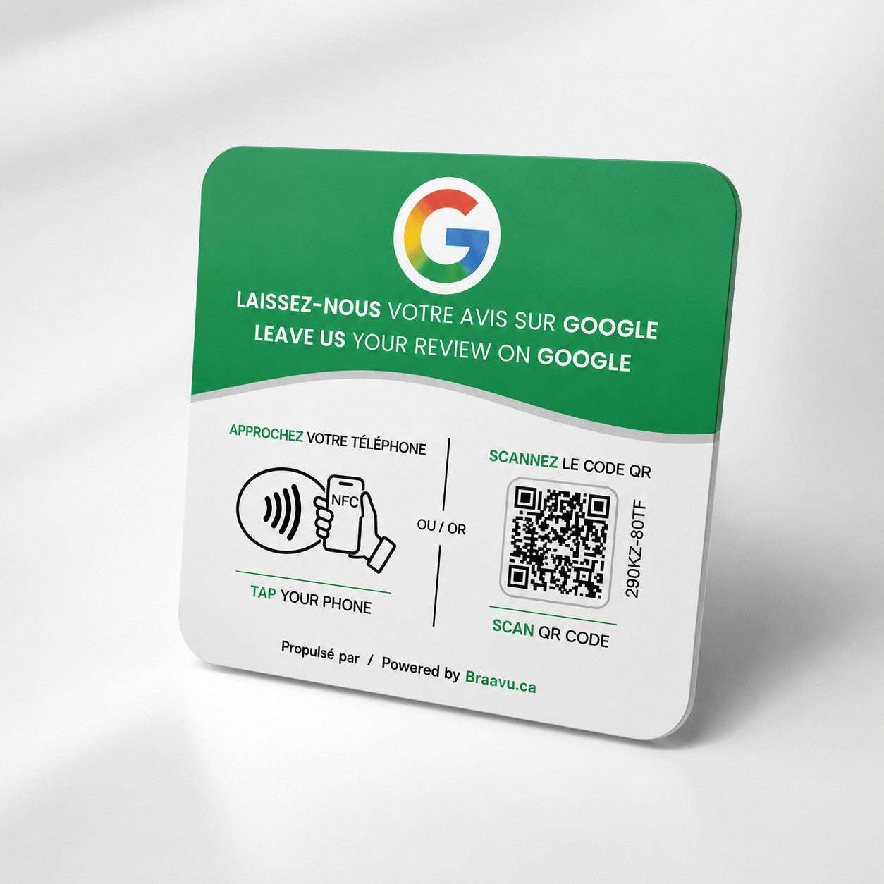 Braavu Google review plaque — NFC tap card and QR code stand