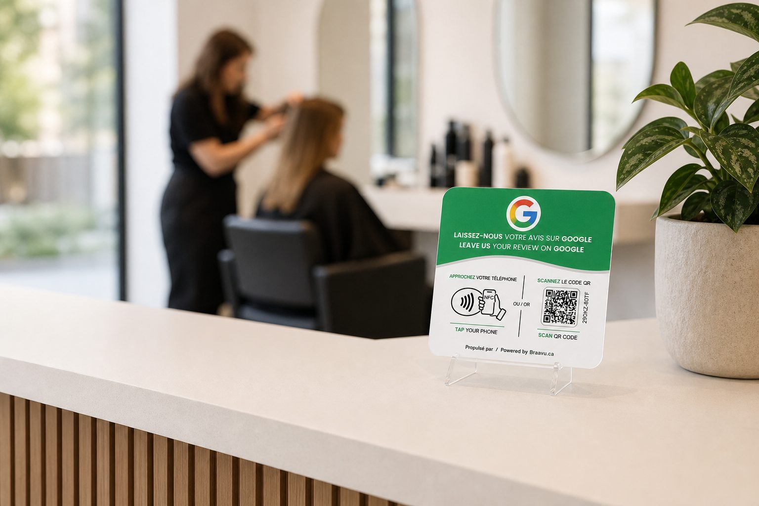 Braavu Google review plaque in a real business